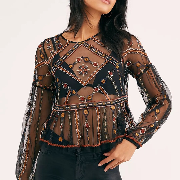 Free People Tops - Free People Give A Little Mesh Top Black Embroidered Boho XS